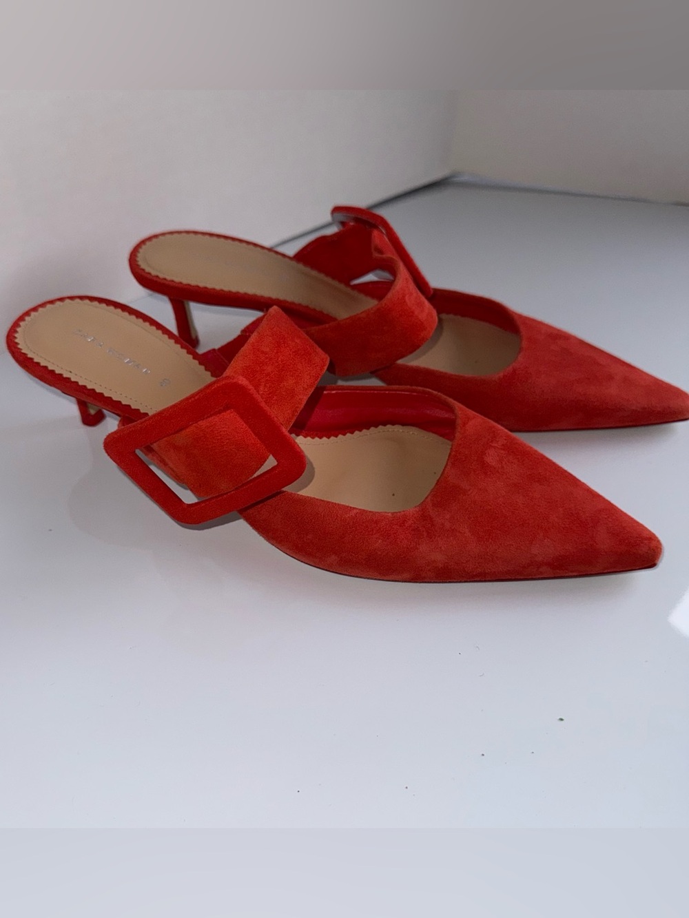 ZARA Orange Suede Pointed-Toe Kitten Heel Mule with Buckle Strap 40 - Picture 1 of 5